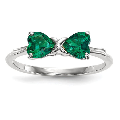 14K Weißgold Ring mit poliertem Schleifendesign und synthetischem Smaragd
