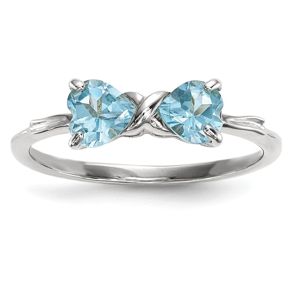 Massiver Ring aus 14K Weißgold, poliert, mit hellem simuliertem Swiss-Blue-Topas, Schleifen-Design