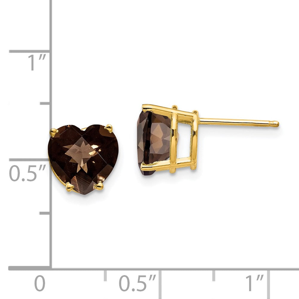 14K Gelbgold Ohrringe mit 8 mm herzförmigem Schachbrett-Schliff Rauchquarz in Gelbgold