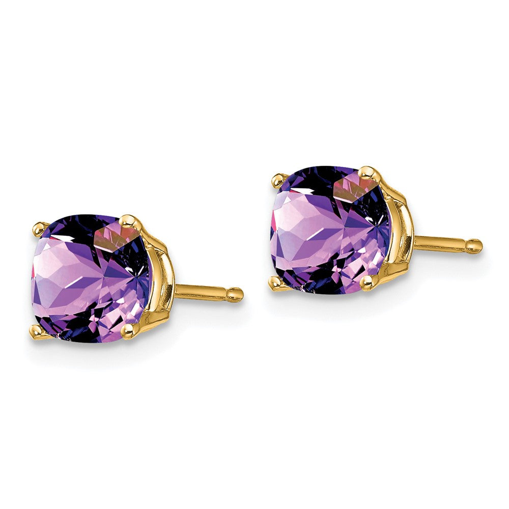 14K Gelbgold Ohrringe mit 6x6 mm Kissenschliff-Amethyst im Schachbrettschliff