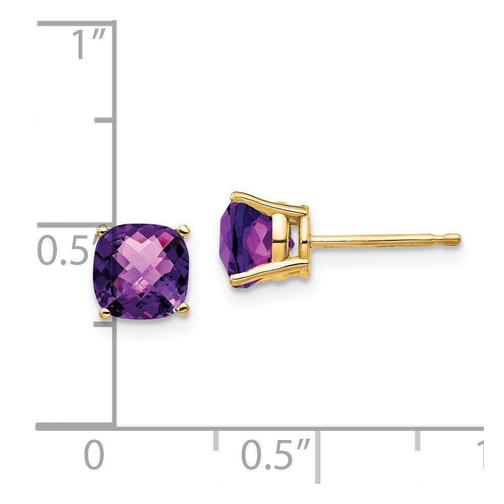 14K Gelbgold Ohrringe mit 6x6 mm Kissenschliff-Amethyst im Schachbrettschliff