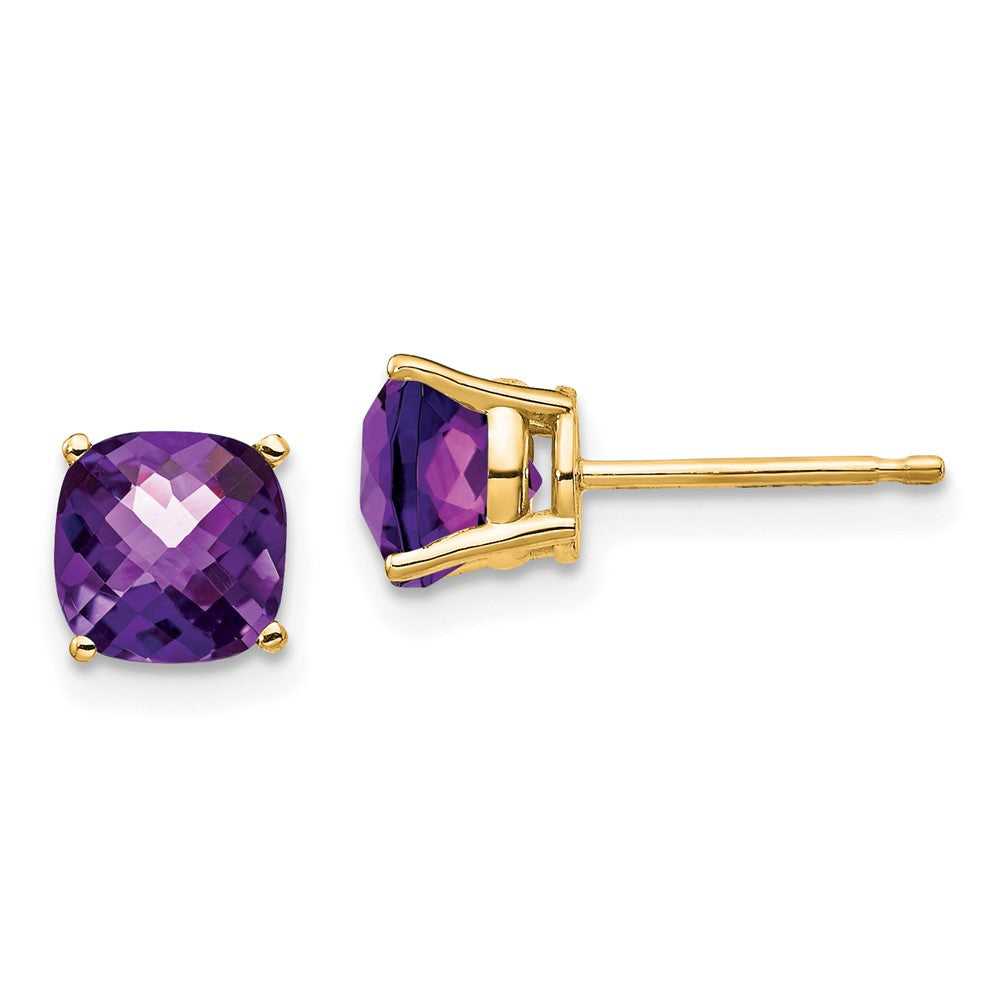 14K Gelbgold Ohrringe mit 6x6 mm Kissenschliff-Amethyst im Schachbrettschliff