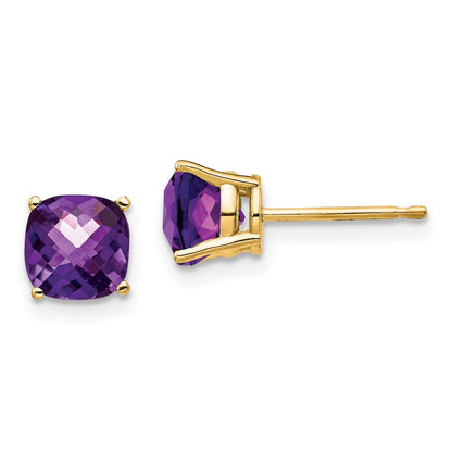 14K Gelbgold Ohrringe mit 6x6 mm Kissenschliff-Amethyst im Schachbrettschliff