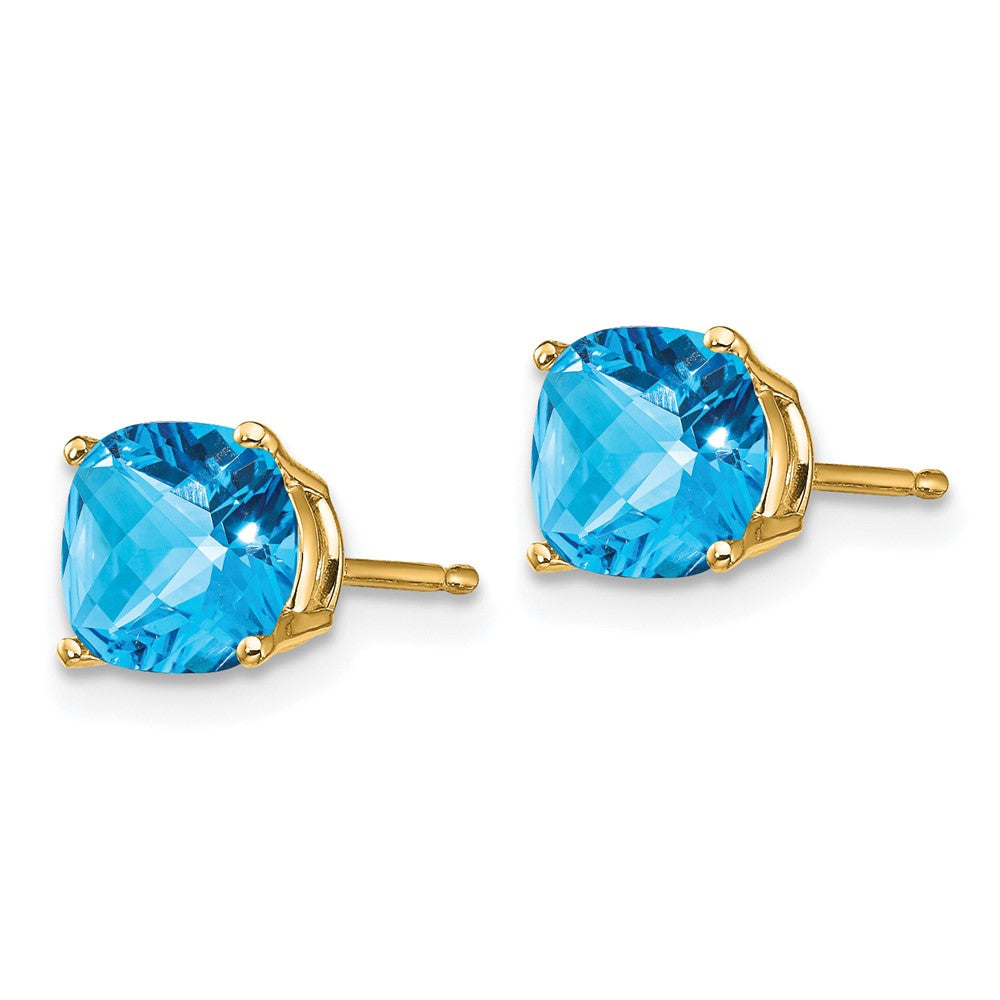 14K Gelbgold Ohrringe mit 6x6 mm Kissenschliff-Blautopas im Schachbrettschliff