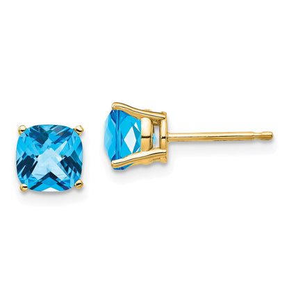 14K Gelbgold Ohrringe mit 6x6 mm Kissenschliff-Blautopas im Schachbrettschliff