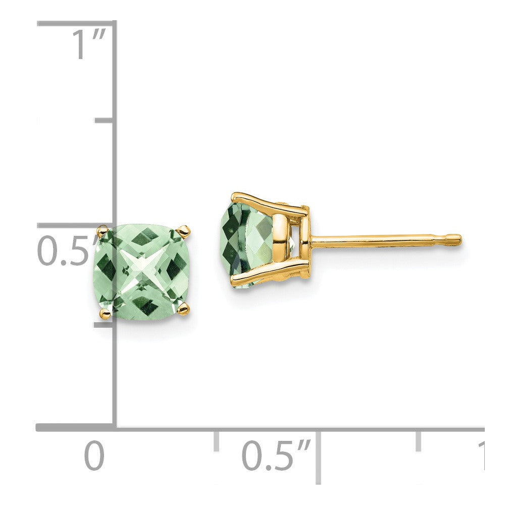 14K Gelbgold Ohrringe mit 6 mm Kissenschliff und Karo-Schliff, Grüner Quarz