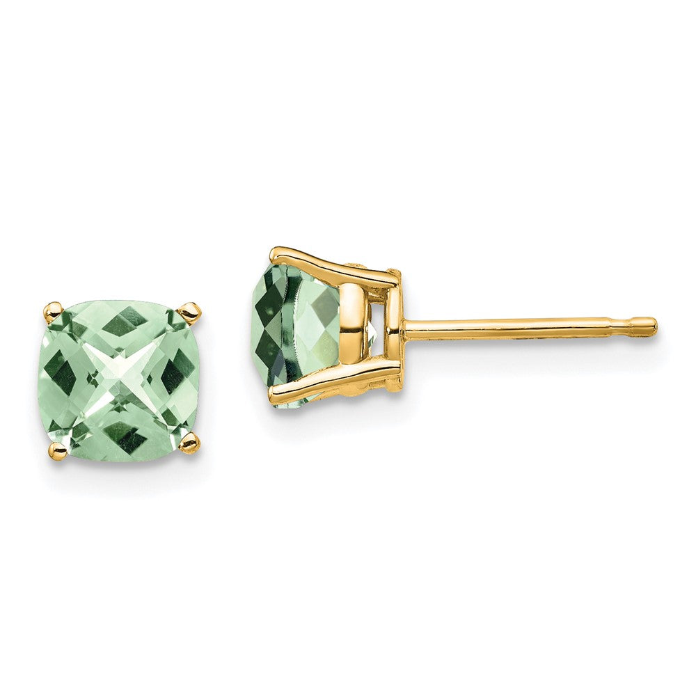 14K Gelbgold Ohrringe mit 6 mm Kissenschliff und Karo-Schliff, Grüner Quarz