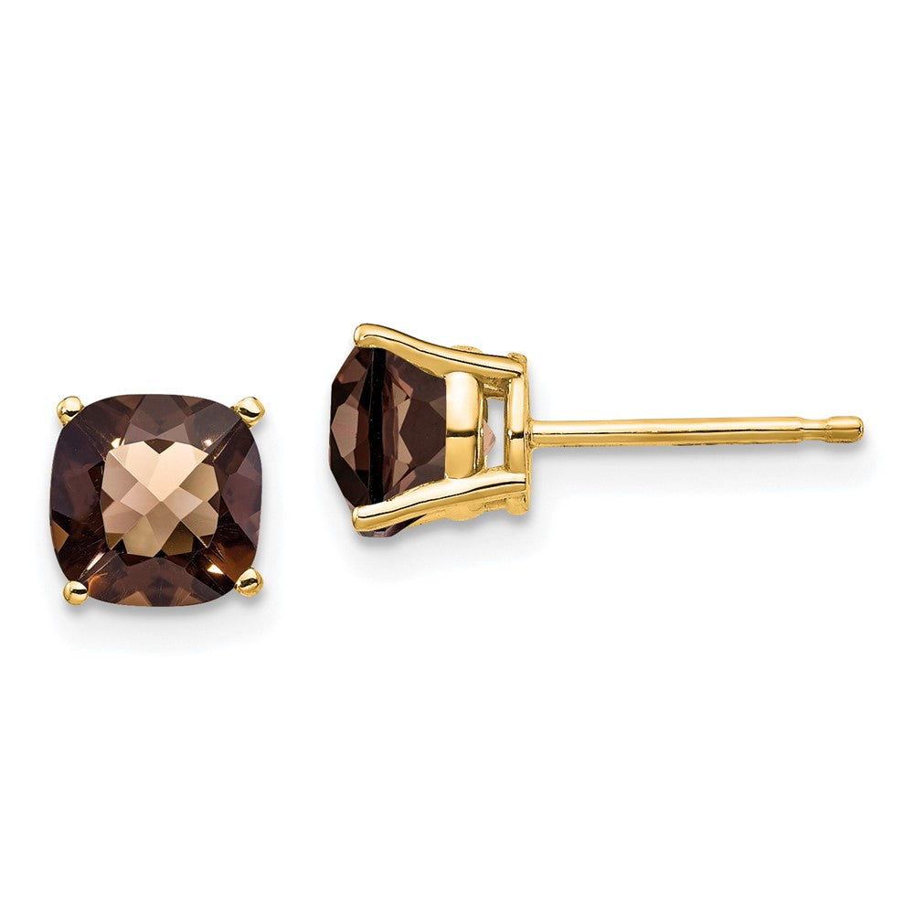 14K Gelbgold Ohrringe mit 6 mm Kissenschliff, Schachbrettschliff, rauchgelbem Goldquarz