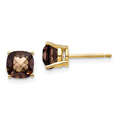 14K Gelbgold Ohrringe mit 6 mm Kissenschliff, Schachbrettschliff, rauchgelbem Goldquarz