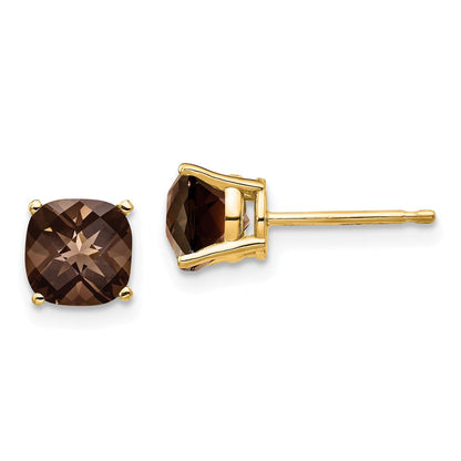 14K Gelbgold Ohrringe mit 6 mm Kissenschliff-Rauchquarz