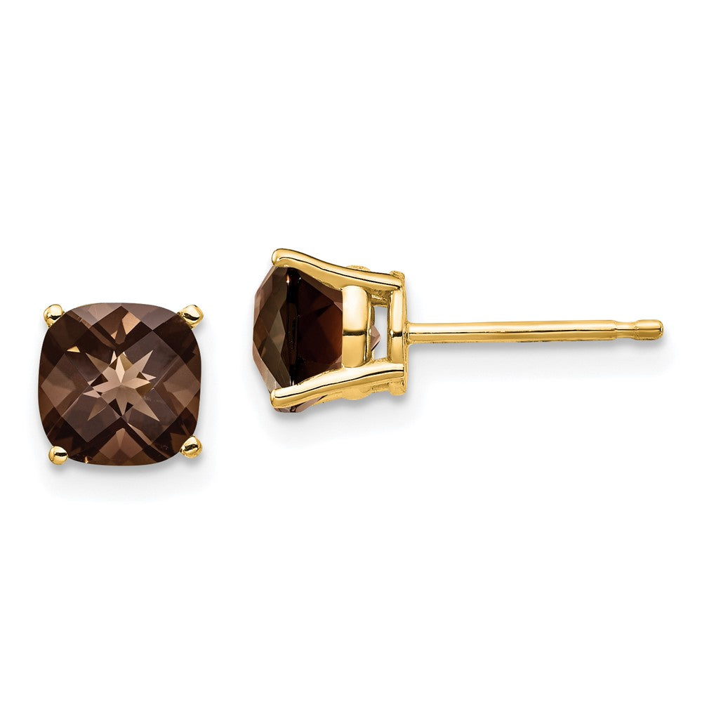 14K Gelbgold Ohrringe mit 6 mm Kissenschliff-Rauchquarz