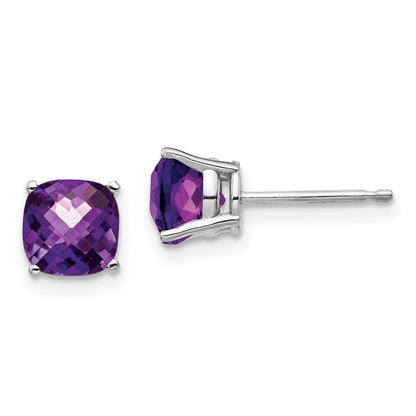 14K Weißgold Ohrringe mit 6x6 mm Kissenschliff-Amethyst im Karo-Schliff