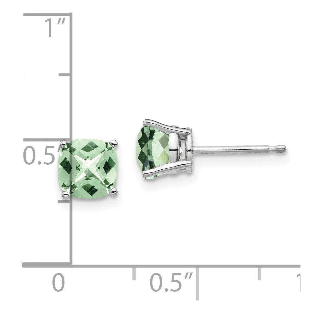 14K Weißgold Ohrringe mit 6 mm Kissenschliff Karo-Schliff grünem Quarz