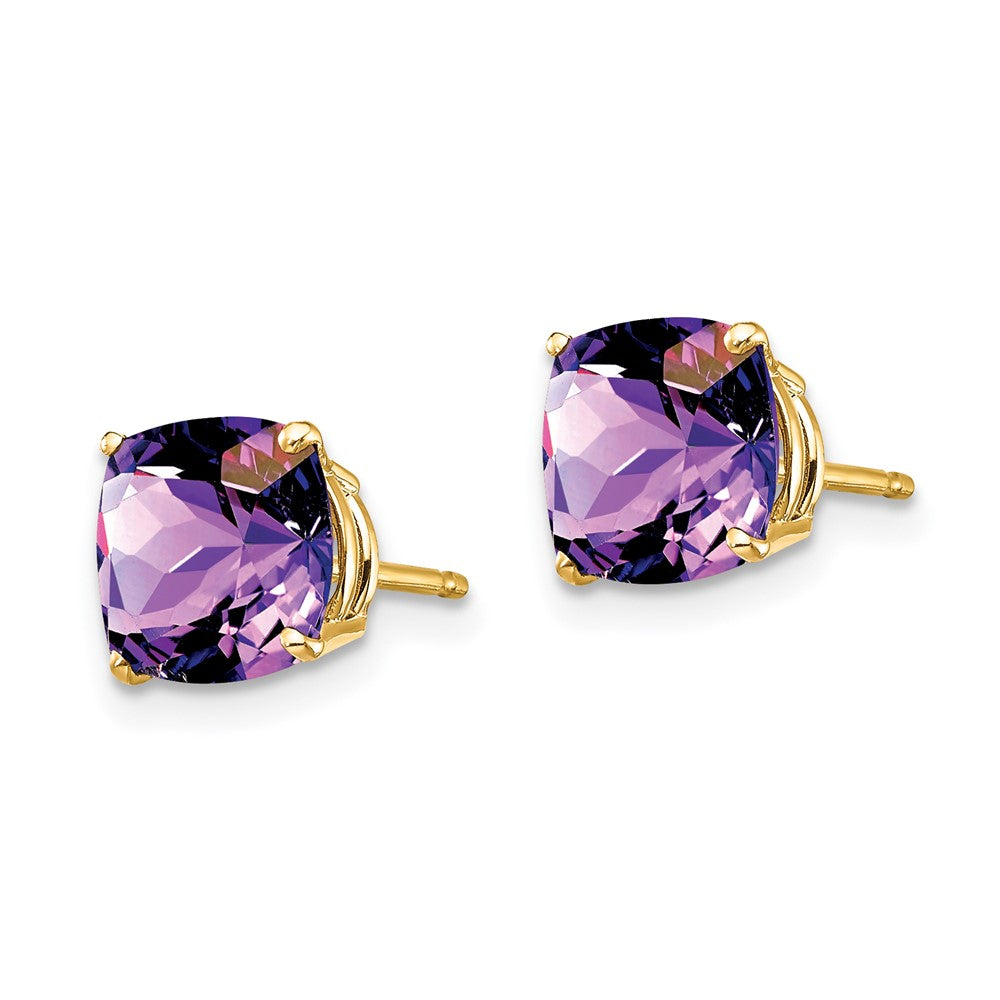 14K Gelbgold Ohrringe mit 7x7 mm Kissenschliff-Amethyst im Schachbrettschliff