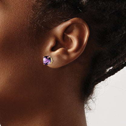 14K Gelbgold Ohrringe mit 7x7 mm Kissenschliff-Amethyst im Schachbrettschliff