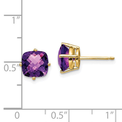 14K Gelbgold Ohrringe mit 7x7 mm Kissenschliff-Amethyst im Schachbrettschliff