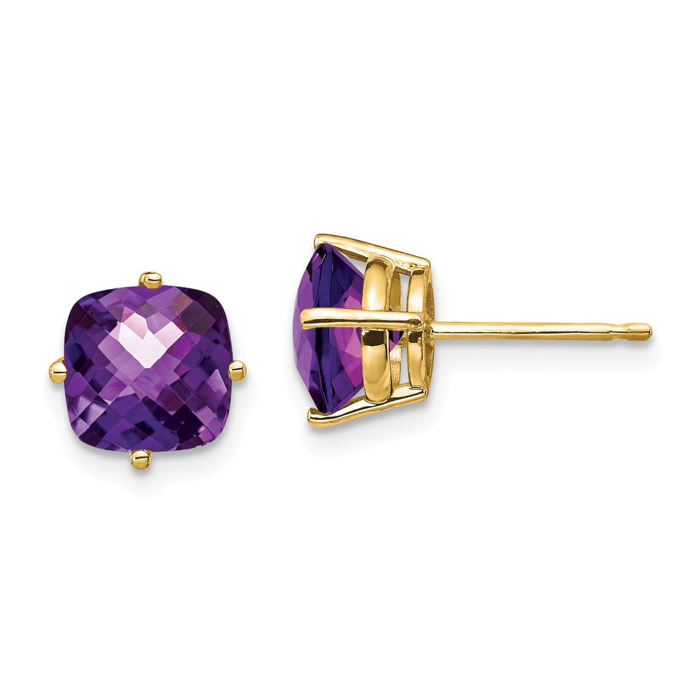 14K Gelbgold Ohrringe mit 7x7 mm Kissenschliff-Amethyst im Schachbrettschliff