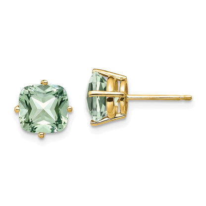 14K Gelbgold Ohrringe mit 7 mm Kissenschliff-Grün-Quarz