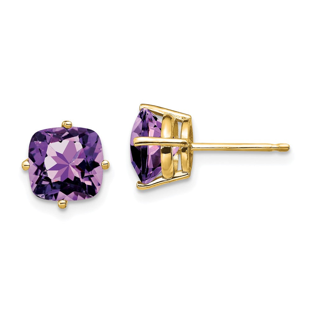 14K Gelbgold Ohrringe mit 7x7 mm Kissenschliff-Amethyst