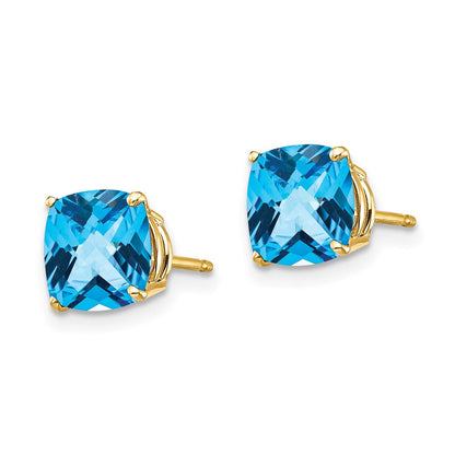 14K Gelbgold Ohrringe mit 7x7 mm Blautopas im Kissenschliff und Schachbrettschliff