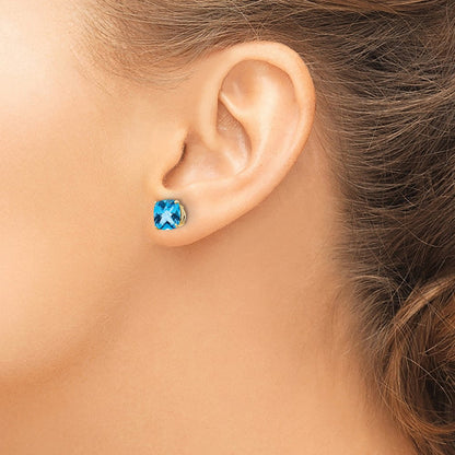 14K Gelbgold Ohrringe mit 7x7 mm Blautopas im Kissenschliff und Schachbrettschliff