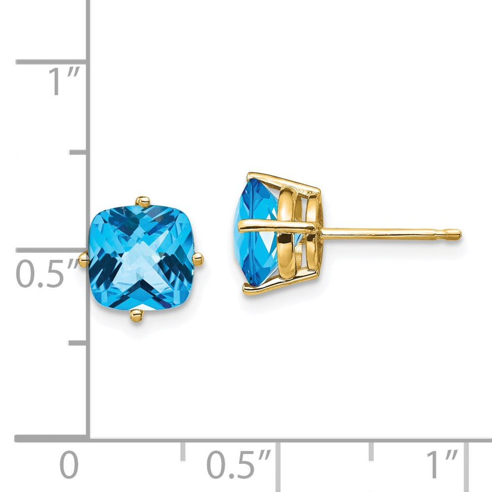 14K Gelbgold Ohrringe mit 7x7 mm Blautopas im Kissenschliff und Schachbrettschliff