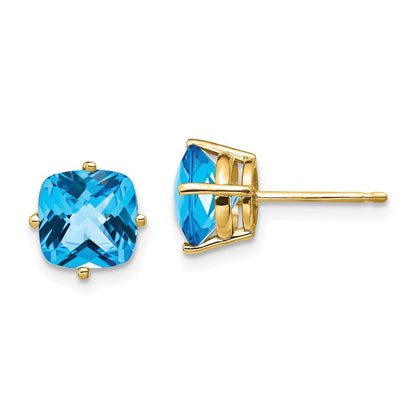 14K Gelbgold Ohrringe mit 7x7 mm Blautopas im Kissenschliff und Schachbrettschliff