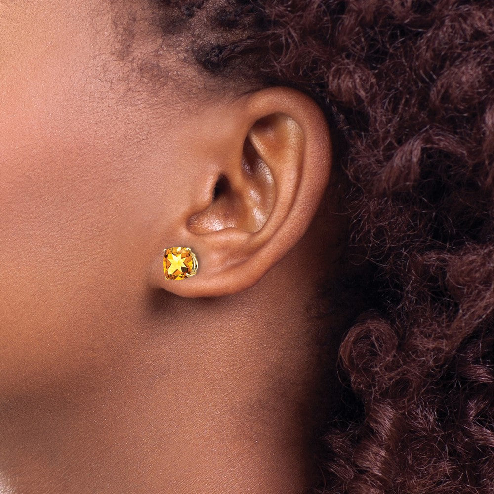 14K Gold Ohrringe mit Kissenschliff-Citrin im Schachbrettschliff, 7x7 mm