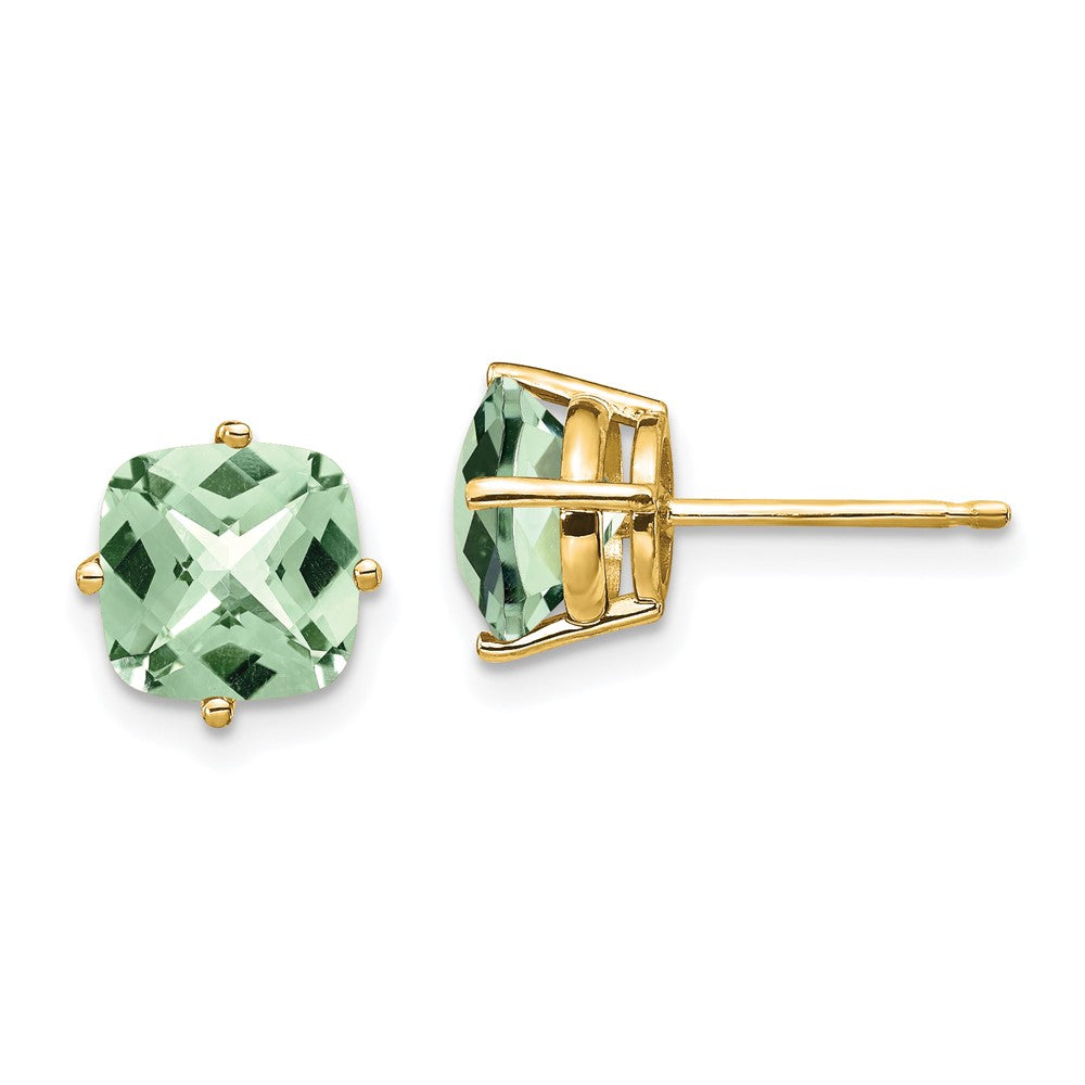 14K Gelbgold Ohrringe mit 7 mm Kissenschliff Karo-Facettenschliff Grünquarz