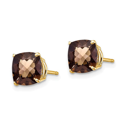 14K Gelbgold Ohrringe mit 7 mm Kissenschliff Karo-Schliff Rauchquarz-Gelbgold