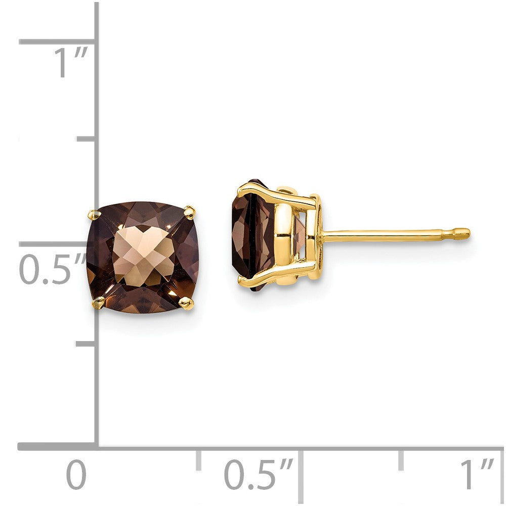 14K Gelbgold Ohrringe mit 7 mm Kissenschliff Karo-Schliff Rauchquarz-Gelbgold