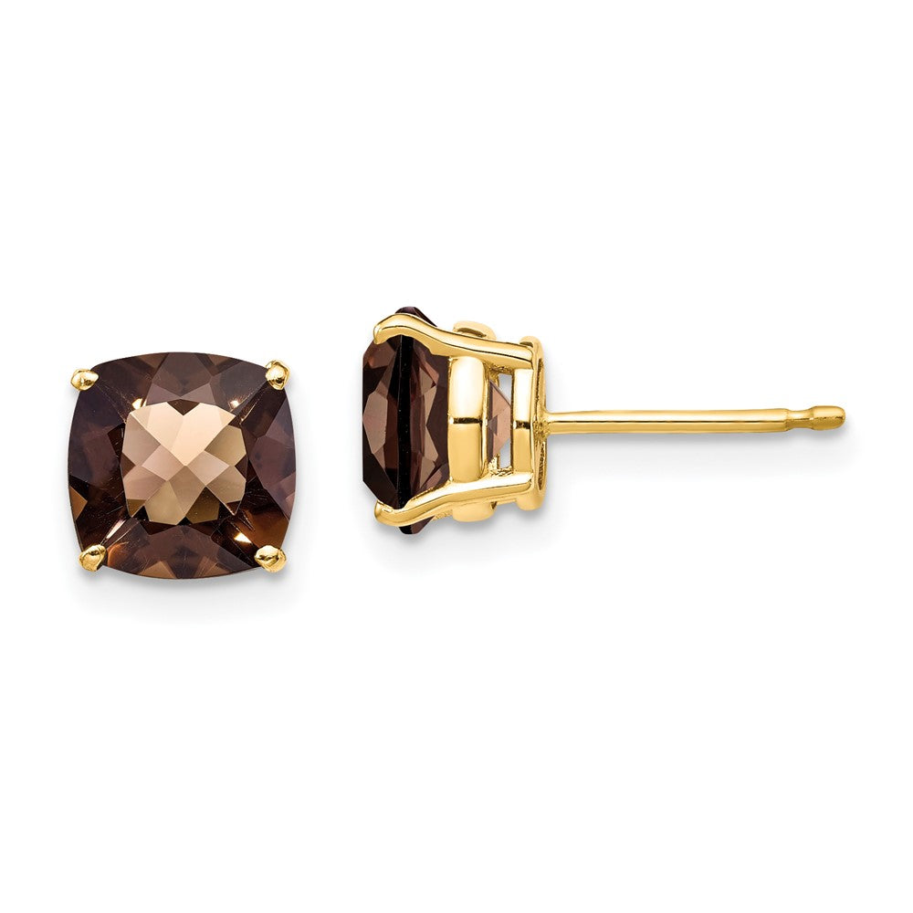 14K Gelbgold Ohrringe mit 7 mm Kissenschliff Karo-Schliff Rauchquarz-Gelbgold