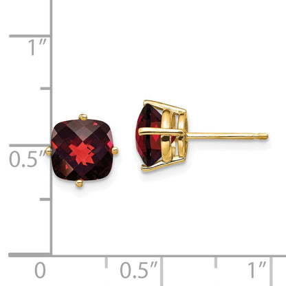 Massiv 14K Gelbgold 7x7mm Kissen Synthetisch Granat Karo Ohrring