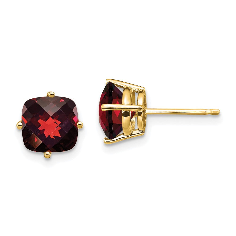 Massiv 14K Gelbgold 7x7mm Kissen Synthetisch Granat Karo Ohrring