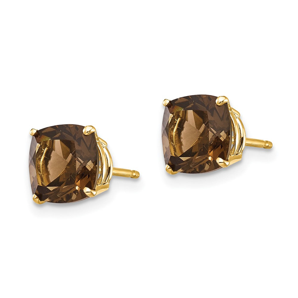 14K Gelbgold Ohrringe mit 7 mm Kissenschliff Rauchquarz in Gelbgoldfassung