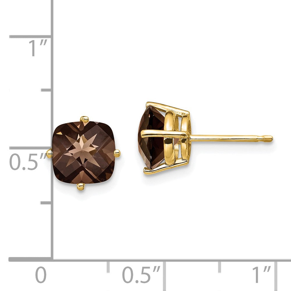 14K Gelbgold Ohrringe mit 7 mm Kissenschliff Rauchquarz in Gelbgoldfassung