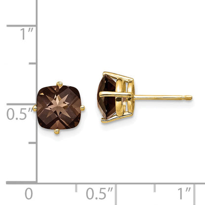 14K Gelbgold Ohrringe mit 7 mm Kissenschliff Rauchquarz in Gelbgoldfassung
