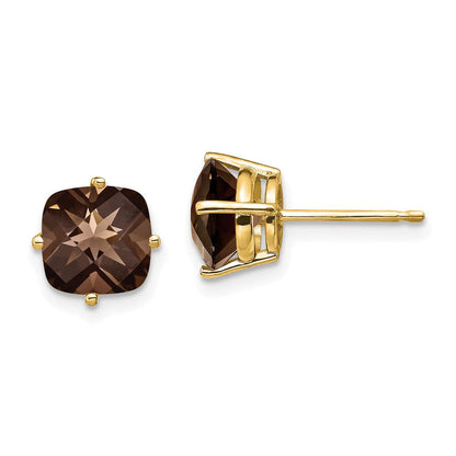 14K Gelbgold Ohrringe mit 7 mm Kissenschliff Rauchquarz in Gelbgoldfassung