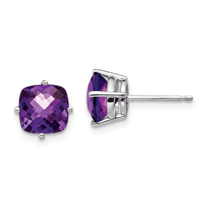 14K Weißgold Ohrringe mit 7x7 mm Kissenschliff-Amethyst im Schachbrettschliff