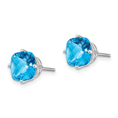 14K Weißgold Ohrringe mit Blautopas im Kissenschliff, 7x7 mm, Karo-Schliff