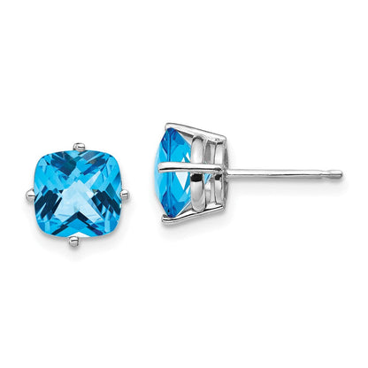 14K Weißgold Ohrringe mit Blautopas im Kissenschliff, 7x7 mm, Karo-Schliff