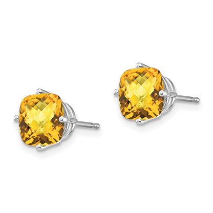 14K Weißgold Ohrstecker mit 7 x 7 mm Kissenschliff-Citrin im Schachbrettschliff