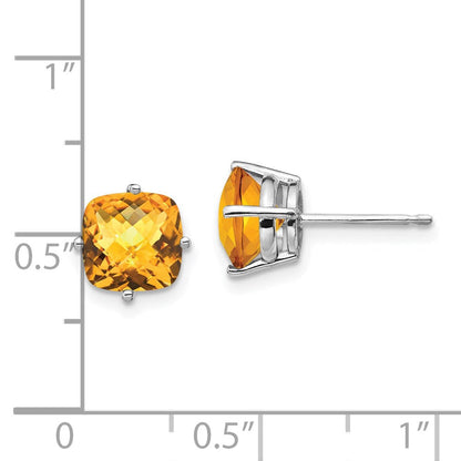 14K Weißgold Ohrstecker mit 7 x 7 mm Kissenschliff-Citrin im Schachbrettschliff