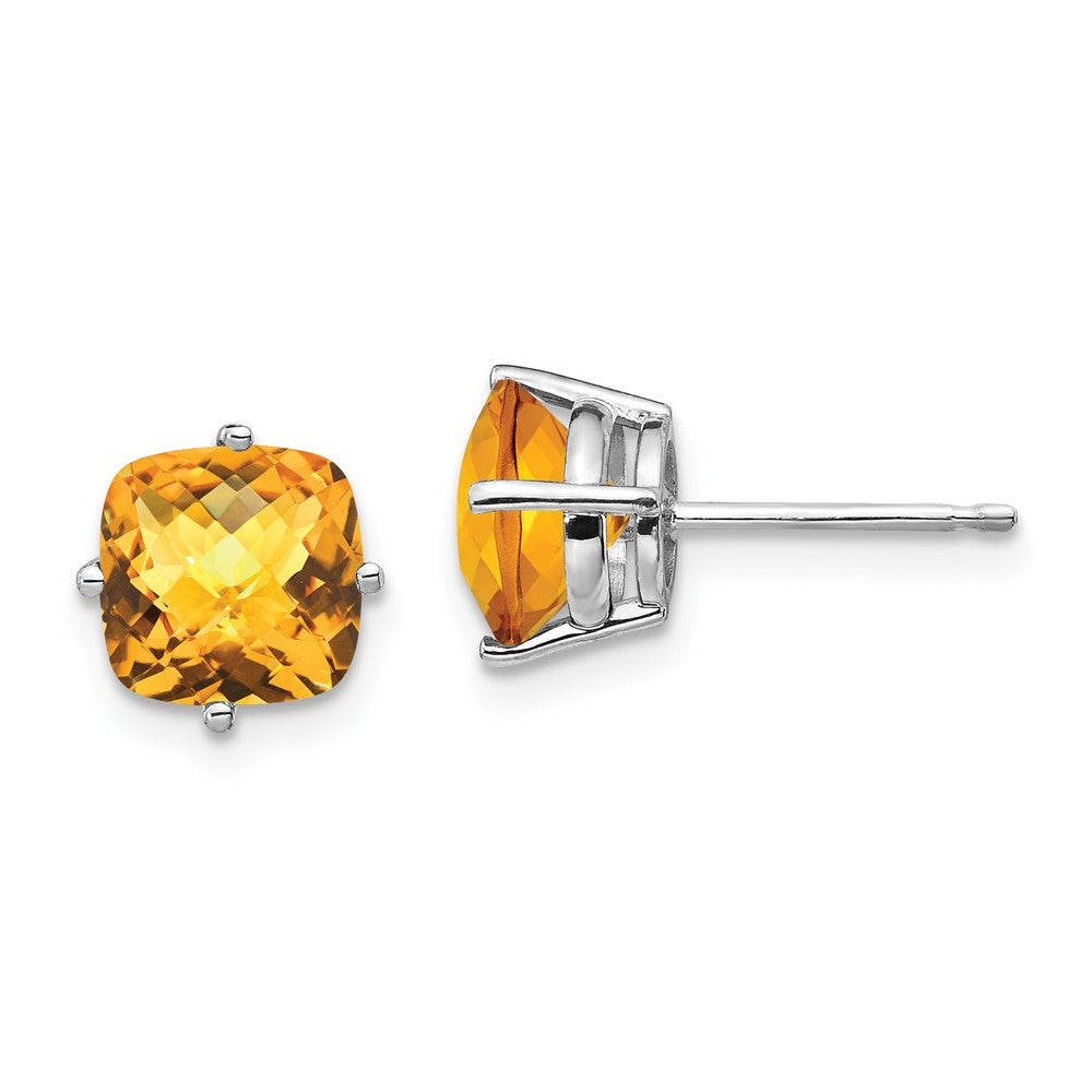 14K Weißgold Ohrstecker mit 7 x 7 mm Kissenschliff-Citrin im Schachbrettschliff