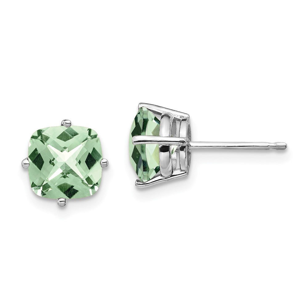14K Weißgold Ohrringe mit 7 mm Kissenschliff Checker-Cut Grünem Quarz