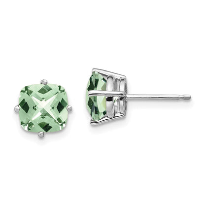 14K Weißgold Ohrringe mit 7 mm Kissenschliff Checker-Cut Grünem Quarz