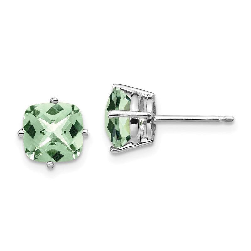 14K Weißgold Ohrringe mit 7 mm Kissenschliff Checker-Cut Grünem Quarz