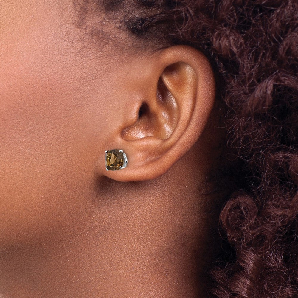 14K Weißgold Ohrringe mit 7 mm Kissenschliff Checker-Cut Rauchquarz in Gelbgold
