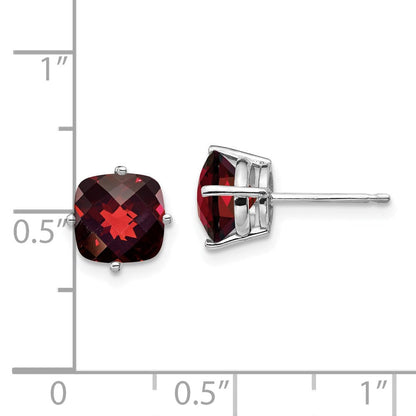 Massiv 14K Weißgold 7x7mm Kissen Synthetisch Granat Karo Ohrring
