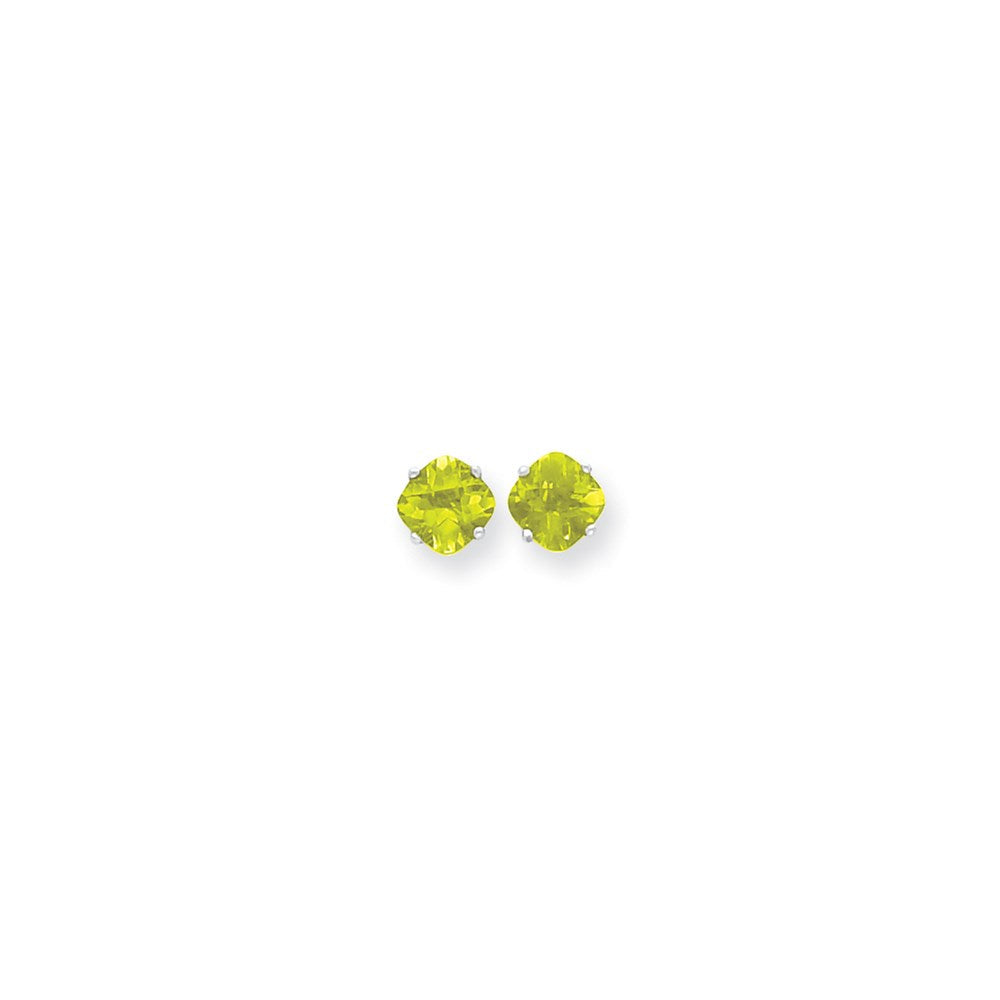14K Weißgold Ohrringe mit Kissenschliff-Peridot im Schachbrettschliff, 7x7 mm
